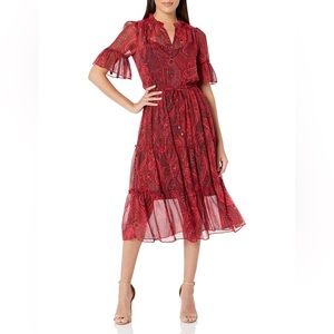 NWT Tommy Hilfiger Red Ruffled Paisley Metallic Dress